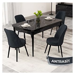Canisa Rax Serisi 80x132 Açılabilir Siyah Mermer Desen Mutfak Masası Takımı ve 4 Antrasit Sandalye