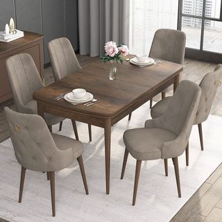 Canisa Kor Serisi Beyaz Masa 70x114 cm Açılabilir 4 Sandalye Kahverengi Mutfak Masası Takımı