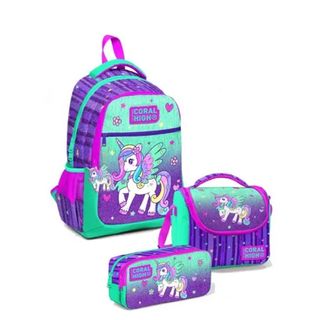 Coral High Kız Çocuk Yeşil Mor Pegasus Üçlü Ilkokul Okul Çanta Set