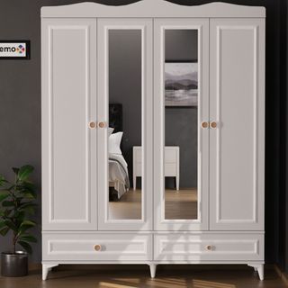 Evdemo Nova Beyaz Beyaz 4 Kapaklı 2 Çekmeceli Aynalı Gardrop