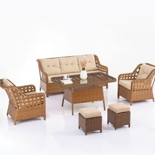 Evdemo Eren Rattan Puflu Bahçe Balkon Takımı 3+1+1 Kahve