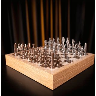 Gift Home Metal Mısır 36x36x6 cm Satranç Takımı Antik ve Rustik Ceviz Desenli MDF Sandıklı Satranç Tahtası