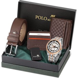 Polo Air PL-0856E3 Gümüş Bakır Erkek Kol Saati Cüzdan Kemer Kartlık Set