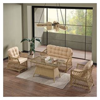 Evdemo Icon Rattan Bahçe Balkon Oturma Takımı 2+1+1+Camlı Masa Cappuccino