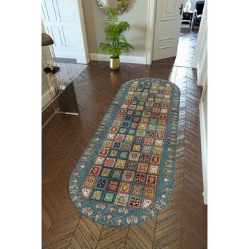10 Post Online Kilim Desenli Otantik Lacivert Kaymaz Kesme İnce Dijital Baskı 100x200 cm Yolluk