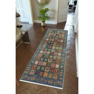 10 Post Online Kilim Desenli Otantik Lacivert Kaymaz Kesme İnce Dijital Baskı 70x170 cm Yolluk