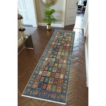 10 Post Online Kilim Desenli Otantik Lacivert Kaymaz Kesme İnce Dijital Baskı 80x175 cm Yolluk
