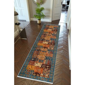 10 Post Online Kilim Desenli Otantik Lacivert Kaymaz Kesme İnce Dijital Baskı 80x200 cm Yolluk
