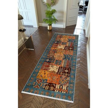 10 Post Online Kilim Desenli Otantik Lacivert Kaymaz Kesme İnce Dijital Baskı 80x225 cm Yolluk