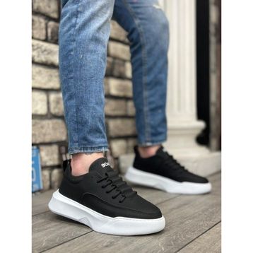 11boa BA0332 Merdiven Desen Bağcıklı Erkek Yüksek Taban Siyah Cilt Beyaz Taban Spor Ayakkabı