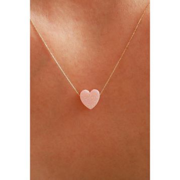 14 Ayar Altın Pembe Opal Taşlı Kalp Kolye