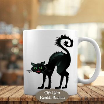 16249 Siyah Tüylü Yeşil Gözlü Huysuz Kedi Kupa Bardak