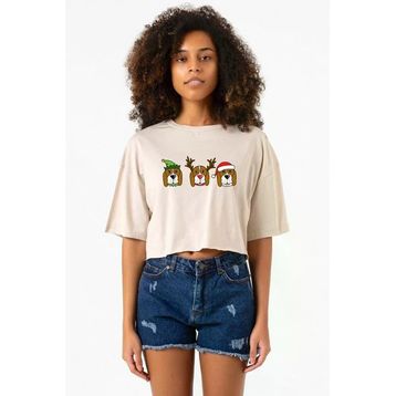 3 Wise Beagles Christmas Bej Kadın Crop Tshirt