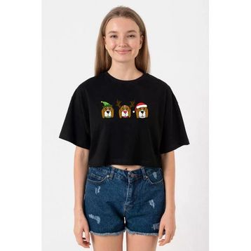 3 Wise Beagles Christmas Siyah Kadın Crop Tshirt