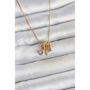 316L Çelik Gold Pembe Zirkon Taşlı Charmlı Kadın Kolye