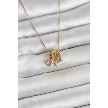 316L Çelik Gold Pembe Zirkon Taşlı Charmlı Kadın Kolye