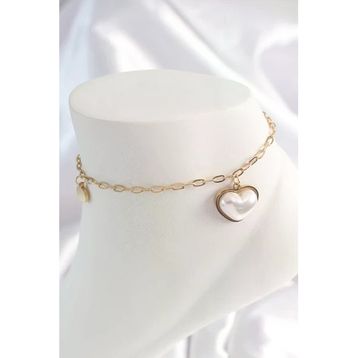 316L Çelik Gold Renk Zincir Model 3D İnci Kalp Model Kadın Halhal
