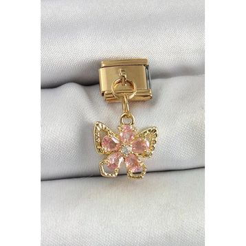 316L Çelik Sallantılı Zirkon Taşlı Çiçek Figürlü Kelebek Model Gold Renk Nomination Charm