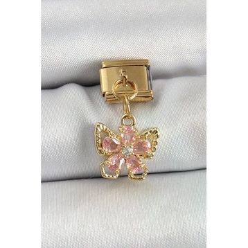 316L Çelik Sallantılı Zirkon Taşlı Çiçek Figürlü Kelebek Model Gold Renk Nomination Charm