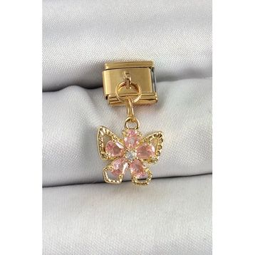316L Çelik Sallantılı Zirkon Taşlı Çiçek Figürlü Kelebek Model Gold Renk Nomination Charm