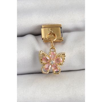 316L Çelik Sallantılı Zirkon Taşlı Çiçek Figürlü Kelebek Model Gold Renk Nomination Charm