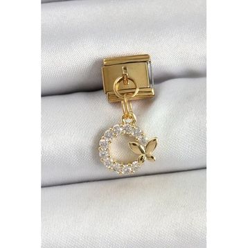316L Çelik Sallantılı Zirkon Taşlı Kelebek Detaylı Halka Model Gold Renk Nomination Charm