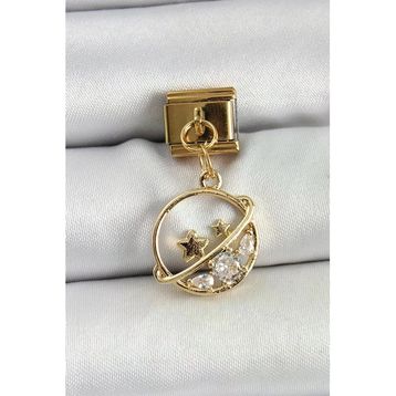 316L Çelik Sallantılı Zirkon Taşlı Satürn Model Gold Renk Charm