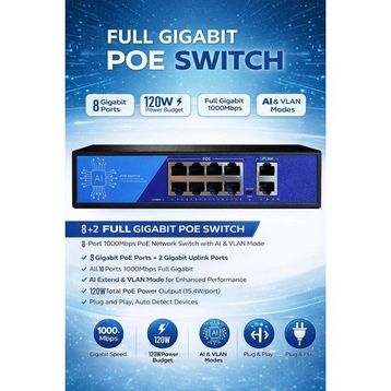 3DCool 3D-PSF08-FG 10 Port Gigabit PoE Kamera Switch 120W