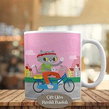 7444 Sevimli Bisikletli Kedicik Kupa Bardak