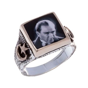 925 Ayar Gümüş Atatürk Resimli Ay-Yıldız Detaylı Yüzük
