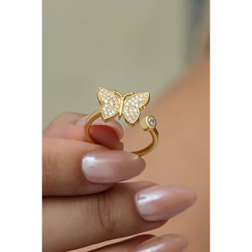 925 Ayar Gümüş Ayarlanabilir Gold Kelebek Yüzük
