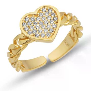 925 Ayar Gümüş Gold Kaplama Ayarlanabilir Kalpli Zirkon Taşlı Kadın Yüzük