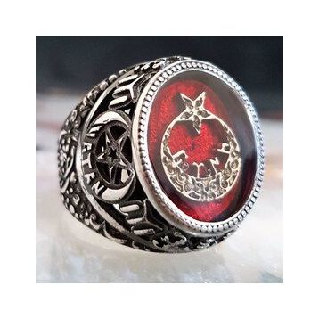 925 Ayar Gümüş Kırmızı Mineli Ayyıldızlı Vatan Yazılı Yüzük