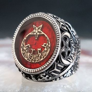 925 Ayar Gümüş Kırmızı Mineli Ayyıldızlı Vatan Yazılı Yüzük