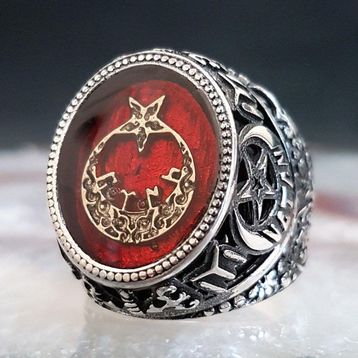 925 Ayar Gümüş Kırmızı Mineli Ayyıldızlı Vatan Yazılı Yüzük