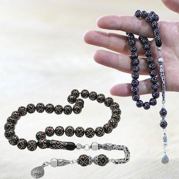 925 Ayar Gümüş Kral Zincir Püsküllü Gümüş-Mercan İşleme Küre Kesim Erzurum Oltu Taşı Tesbih