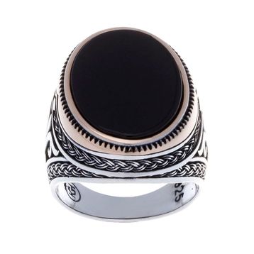 925 Ayar Gümüş Oniks Taşlı Bronz Çerçeveli Oval Erkek Yüzük