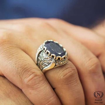 925 Ayar Gümüş Oval Kök Safir Taşlı Elişi Kalemli Erkek Yüzük