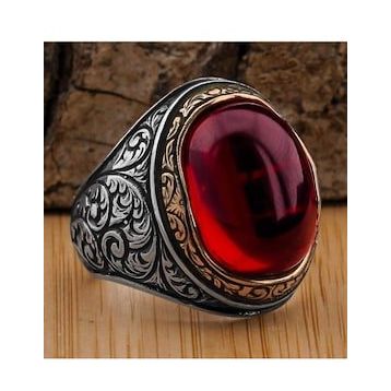 925 Ayar Gümüş Yakut Ruby Taşlı Erkek Yüzük