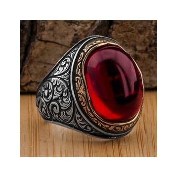 925 Ayar Gümüş Yakut Ruby Taşlı Erkek Yüzük