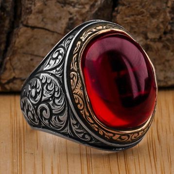 925 Ayar Gümüş Yakut Ruby Taşlı Erkek Yüzük