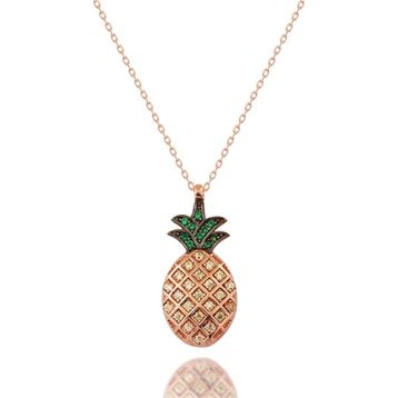 925 Ayar Gümüş Zirkon Taşlı Tropik Ananas Tasarımlı Rose Kolye
