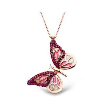 925 Ayar Ruby Taşlı Pembe Özgür Kelebek Kadın Gümüş Kolye