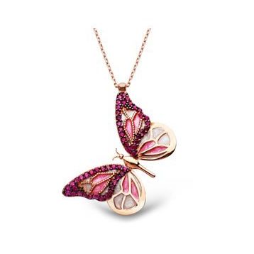 925 Ayar Ruby Taşlı Pembe Özgür Kelebek Kadın Gümüş Kolye