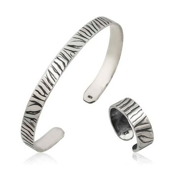 A.C Silvers Zebra Desenli Gümüş Bileklik ve Yüzük Set