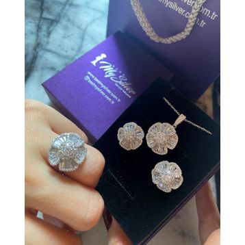 A.C Silvers Zirkon Taşlı Çiçek Kadın Gümüş Set