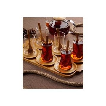 Acar Bambu Tabaklı 6 lı Cam Çay Bardağı