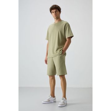 Açık Çağla Pamuklu Kalın Yumuşak Dokulu Oversize Fit Basic Erkek Şort Takım