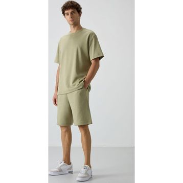 Açık Çağla Pamuklu Kalın Yumuşak Dokulu Oversize Fit Basic Erkek Şort Takım