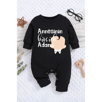 Ada Bebek 22026 Annesinin Güçlü Adamı Baskılı Tarz Siyah Bebek Tulumu